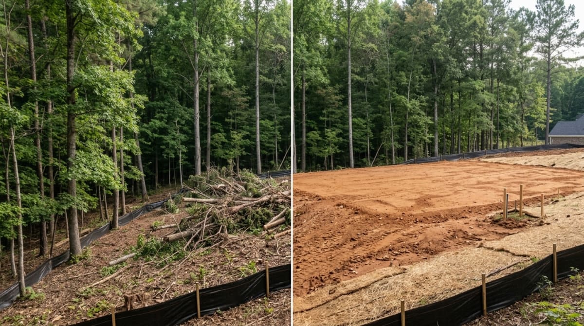 Before and after side-by-side of a cleared homesite lot in NC's Piedmont region ready for construction