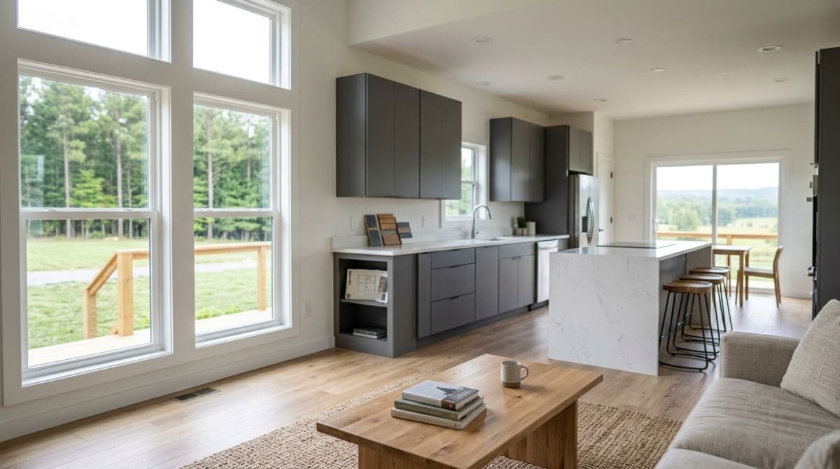 Bright open-concept kitchen and living area inside a modular home with modern finishes