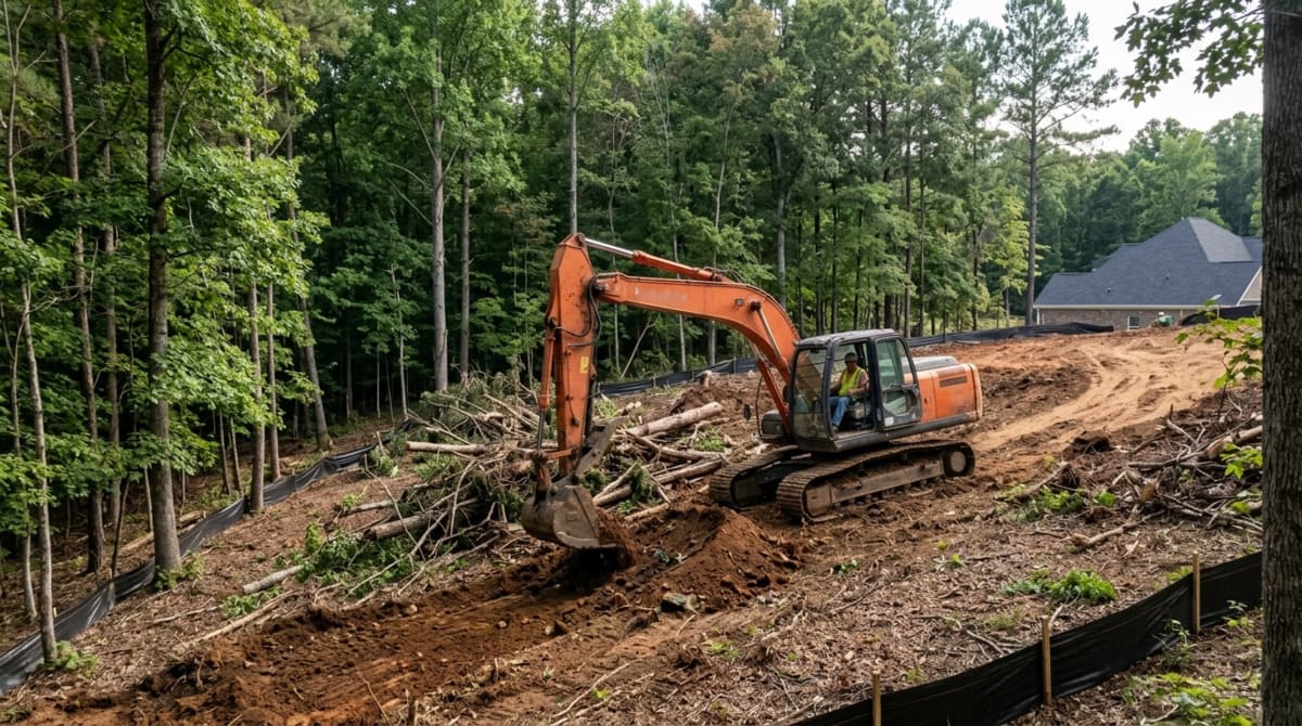 Excavator working through dense NC hardwood forest on a sloped residential lot