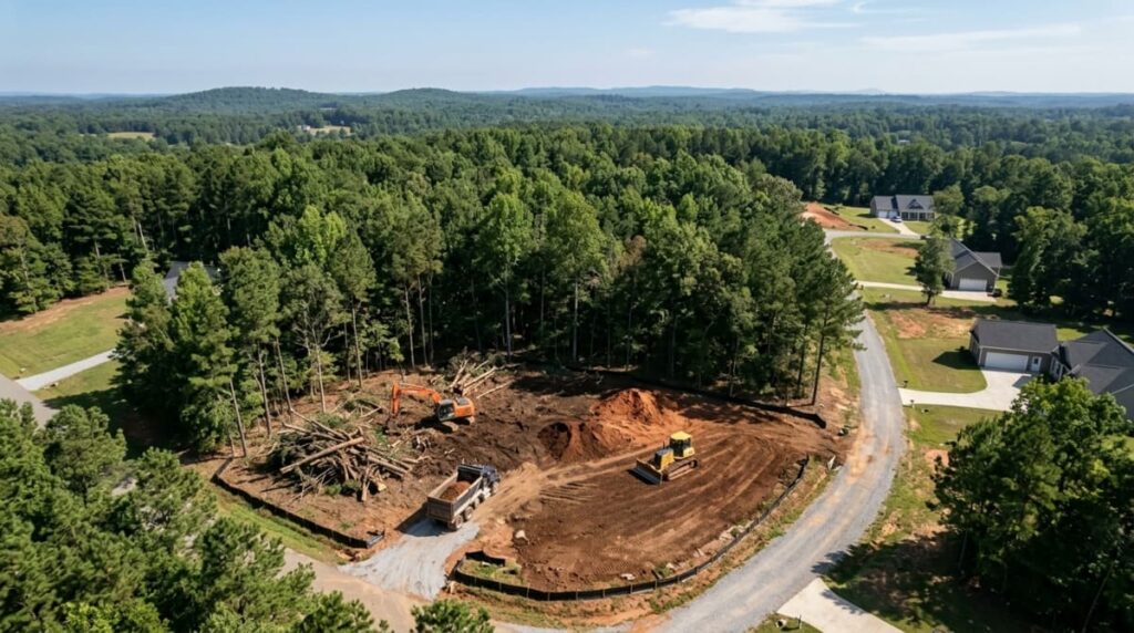 Drone view of heavy machinery working to clear land in NC, exposing red clay soil on a residential building lot.