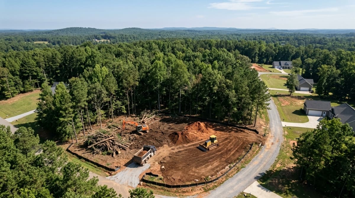 Drone view of heavy machinery working to clear land in NC, exposing red clay soil on a residential building lot.
