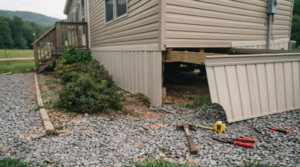DIY mobile home skirting installation tools like a hammer, tape measure, and tin snips scattered on the ground, next to a finished section of high-quality professional installation work