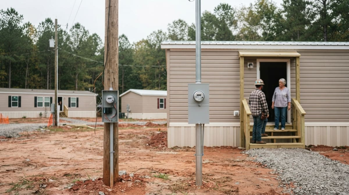 Comparing a temporary power pole and a completed permanent electrical meter on a mobile home