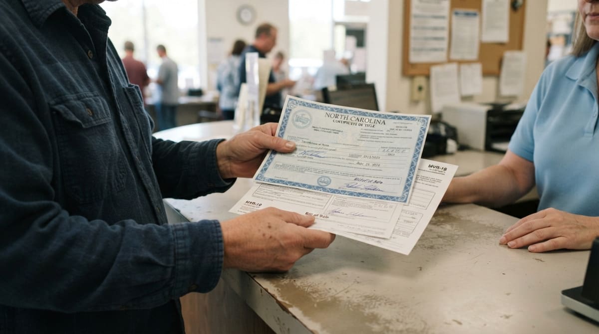 North Carolina mobile home owner holding the completed title documents