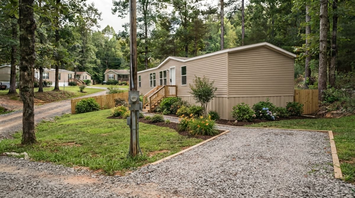 Completed mobile home with landscaping, driveway, and finished surroundings