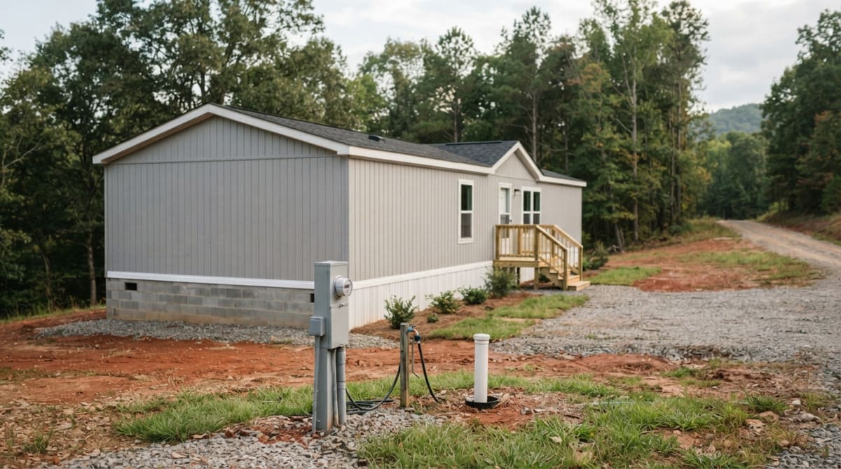 Completed single-wide mobile home setup on private land in North Carolina with utility hookups