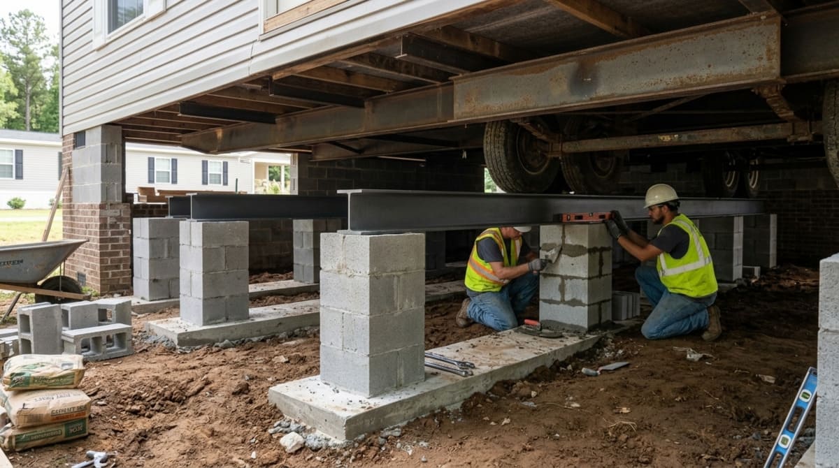 Crawl space foundation installation underway directly underneath a manufactured home, showing masonry block piers, concrete footings, and structural steel beams