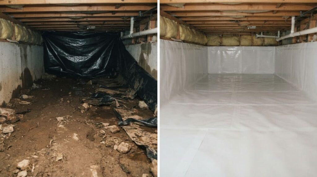 Different crawl space vapor barrier materials placed side by side, before vs after