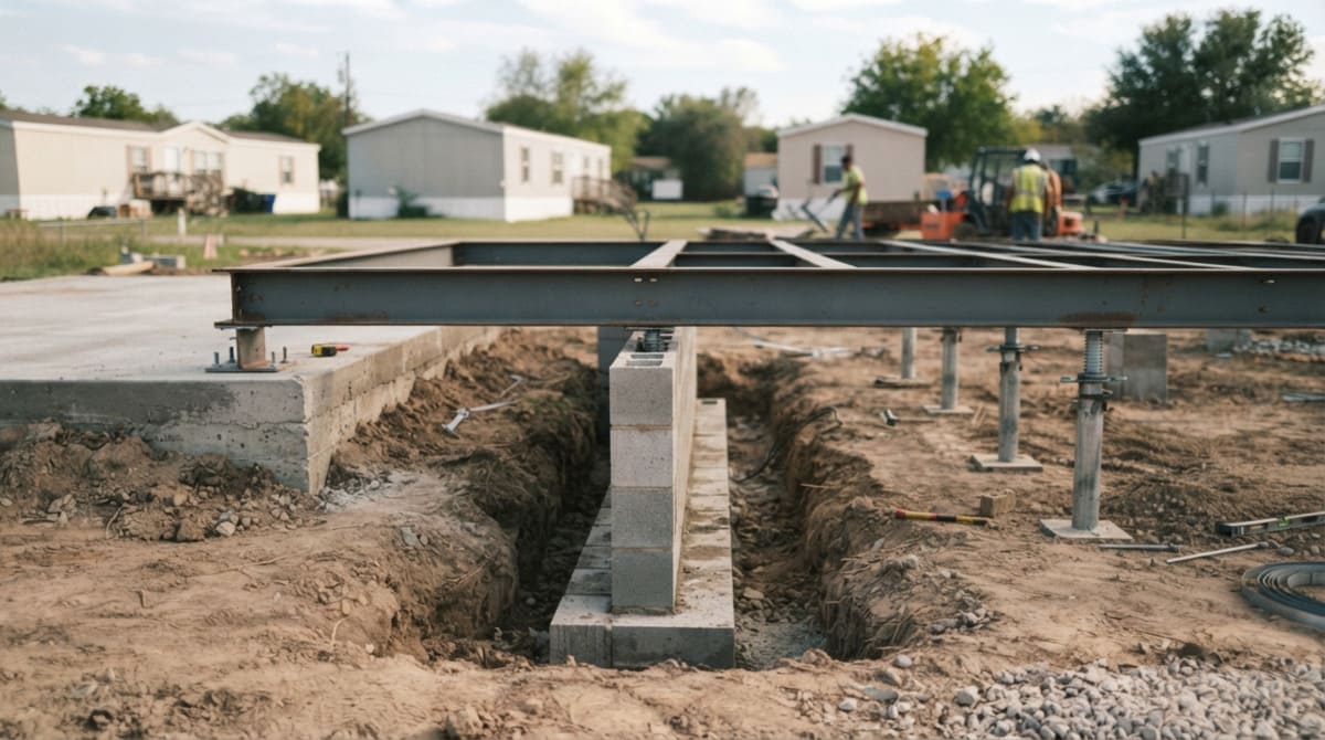 Different mobile home foundation types including concrete slab, crawl space, and pier systems