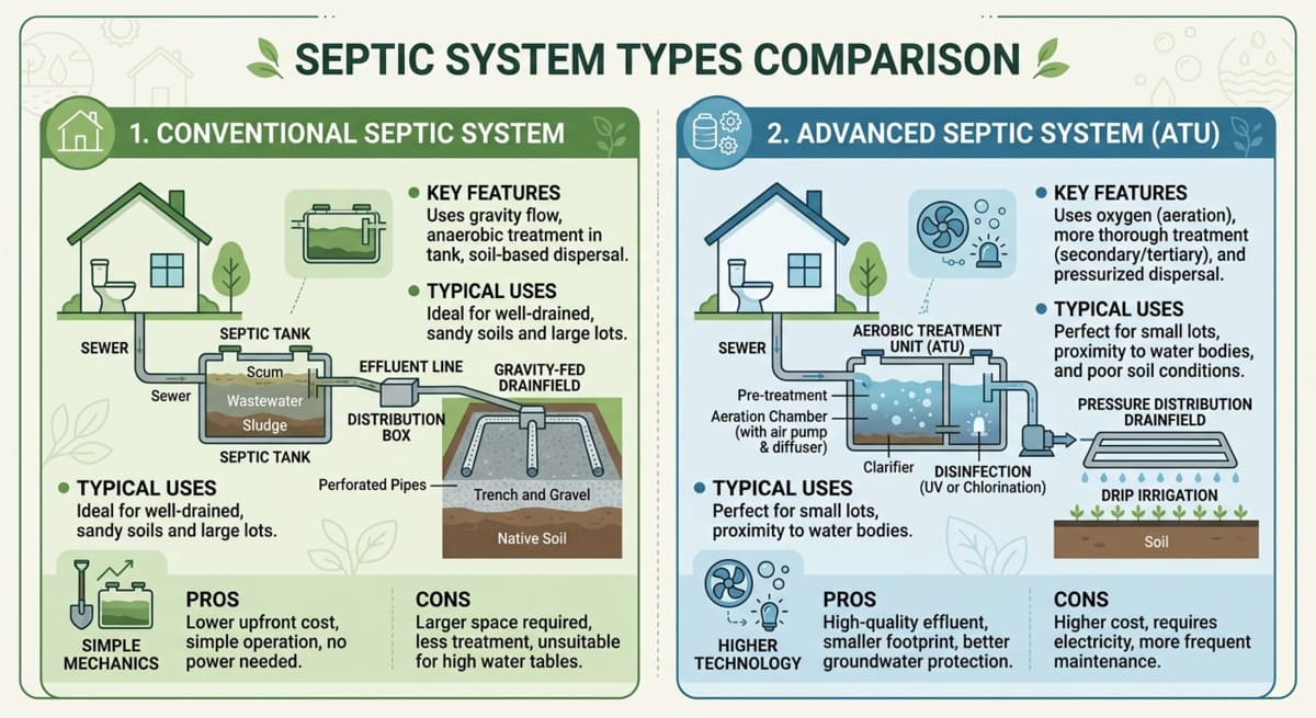 Different septic system types comparison including conventional and advanced septic systems