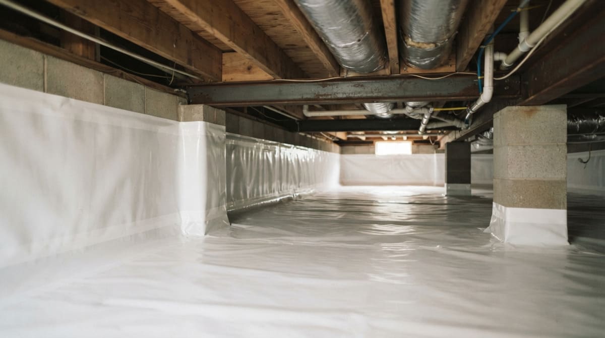 Finished clean mobile home crawl space with properly installed vapor barrier