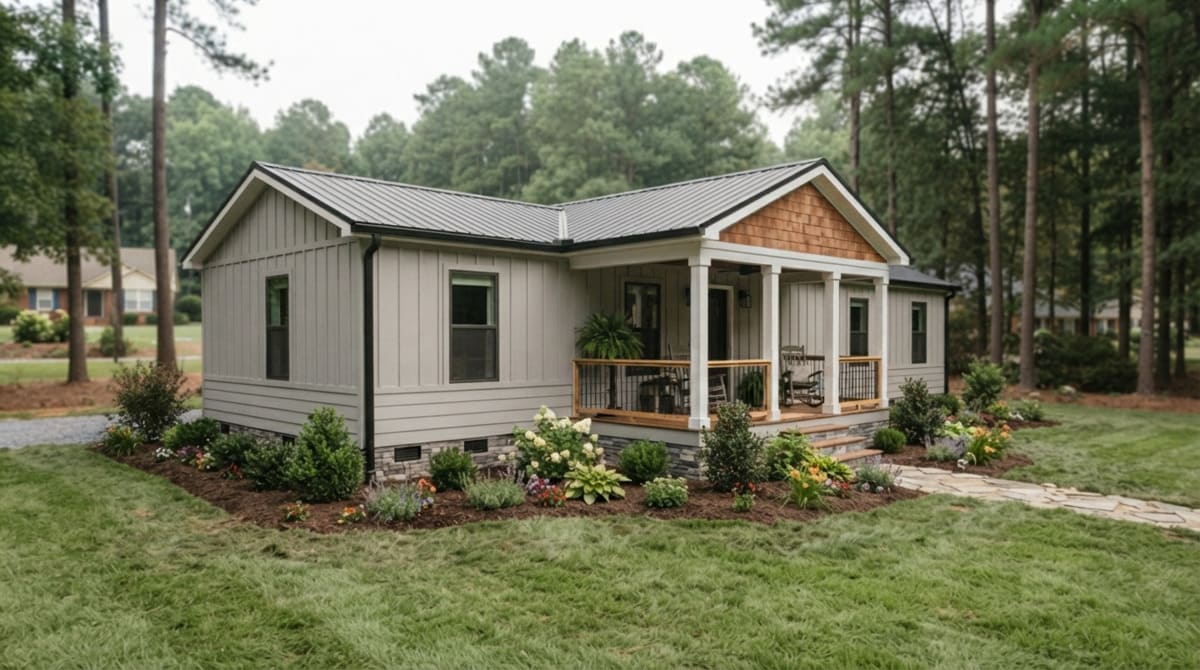 Finished manufactured home's exterior, complete with fresh landscaping
