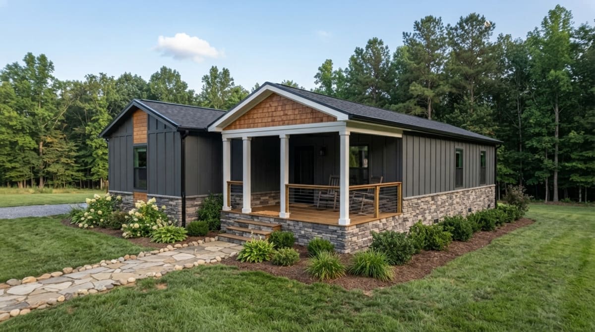 Finished manufactured home featuring a stone permanent foundation, a welcoming front porch, fresh perimeter flower beds, and manicured green landscaping