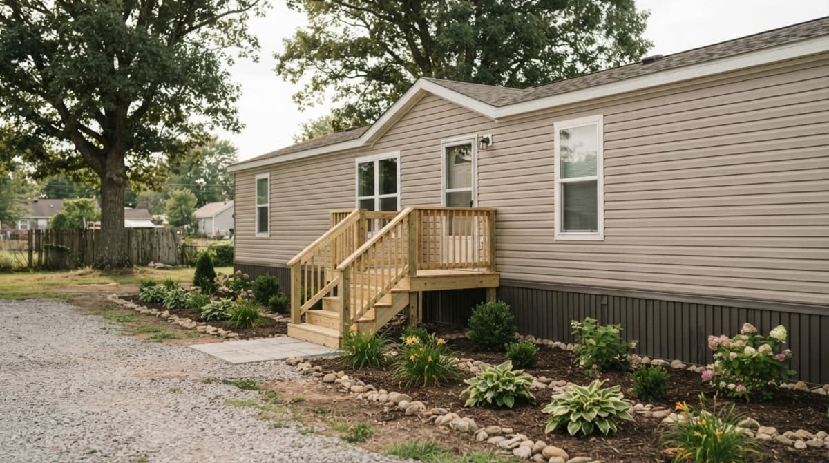 Finished mobile home setup with porch, skirting, and landscaping