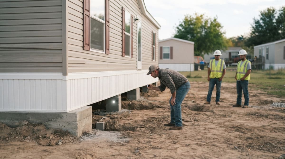 Homeowner inspecting underneath a manufactured home foundation
