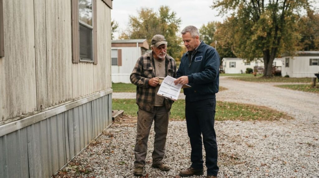 Homeowner reviewing a mobile home inspection report with an inspector