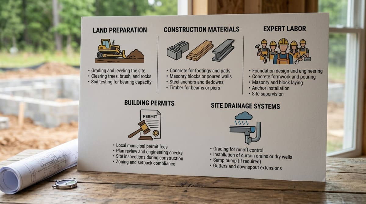 Simple infographic presenting mobile home foundation cost factors, land preparation, construction materials, expert labor, building permits, and site drainage systems