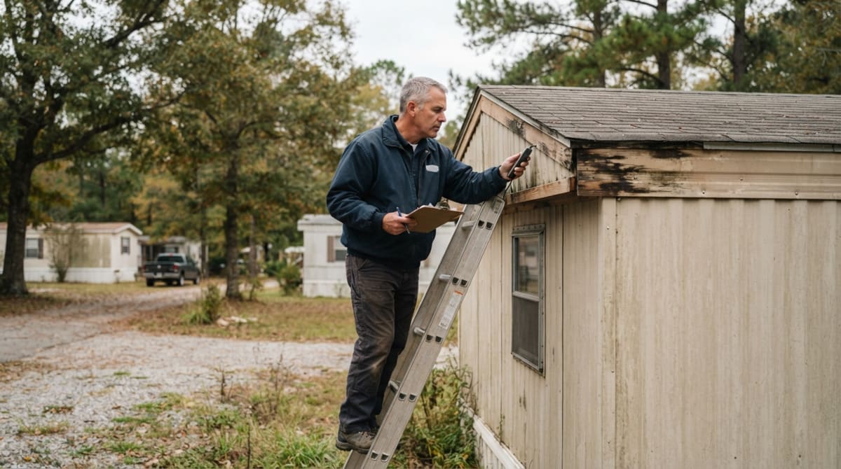 Inspector checking mobile home roof, siding, and moisture damage and other related things