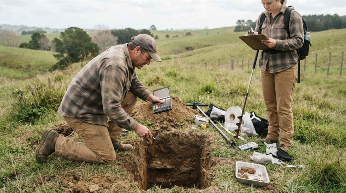 Septic site evaluation with an inspector checking soil layers