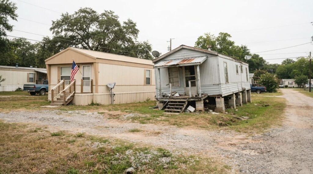 Leveled mobile home beside an unlevel mobile home