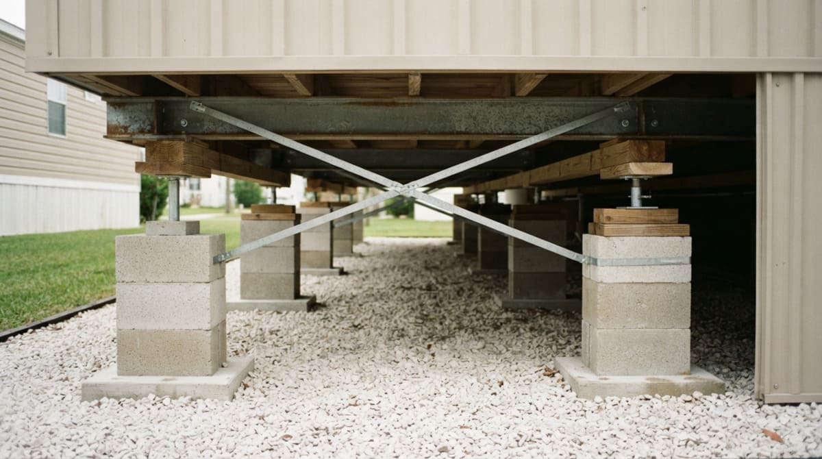 Showing mobile home support piers, beams, and leveling equipment beneath the home