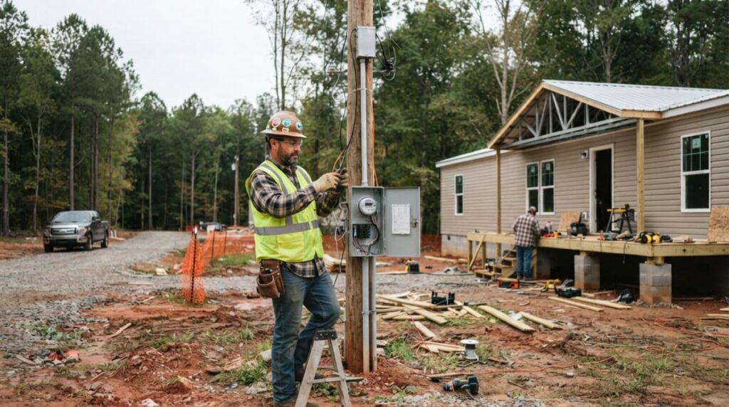 Licensed electrician installing a temporary power pole with an electrical meter