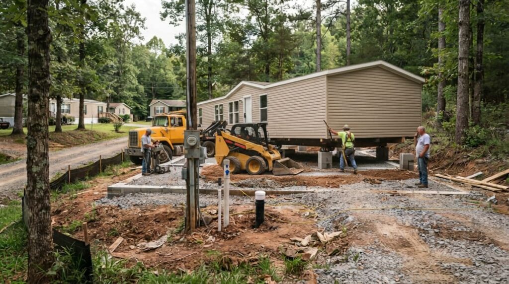 Manufactured home being transported and positioned on a prepared site