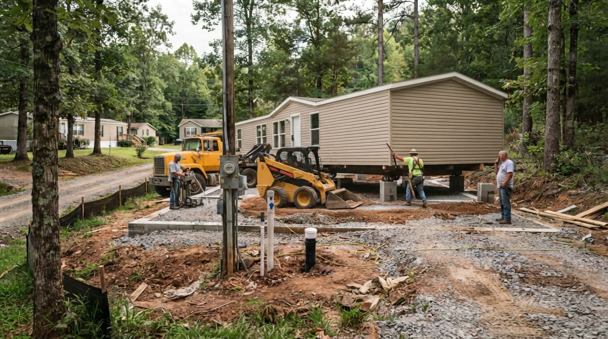 Manufactured home being transported and positioned on a prepared site