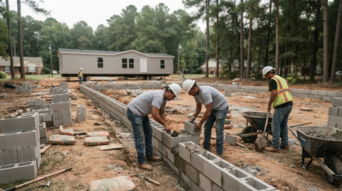 Construction workers installing a solid concrete block foundation for a manufactured home