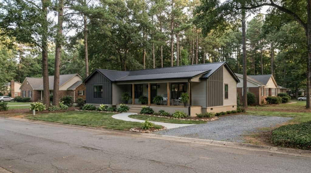 Modern manufactured home nestled within a quiet North Carolina suburban neighborhood