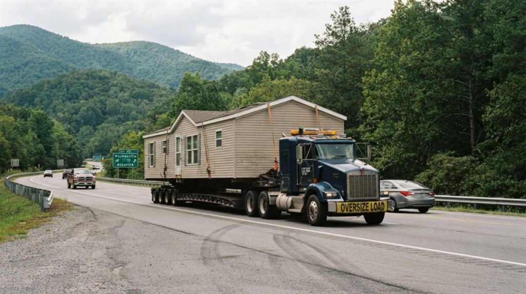 Mobile home being transported on a highway in North Carolina