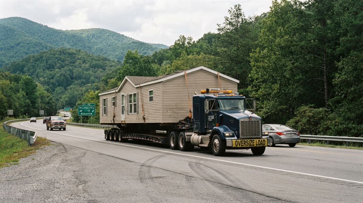 Mobile home being transported on a highway in North Carolina