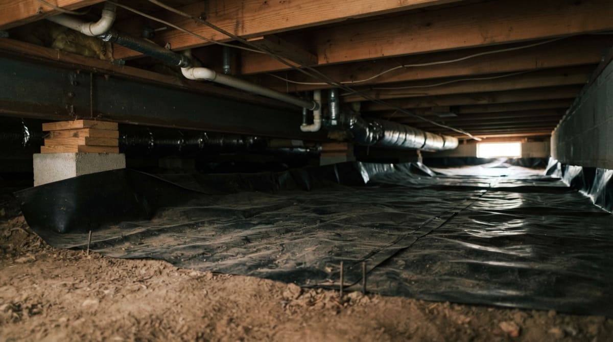 Mobile home crawl space showing vapor barrier protection under the home