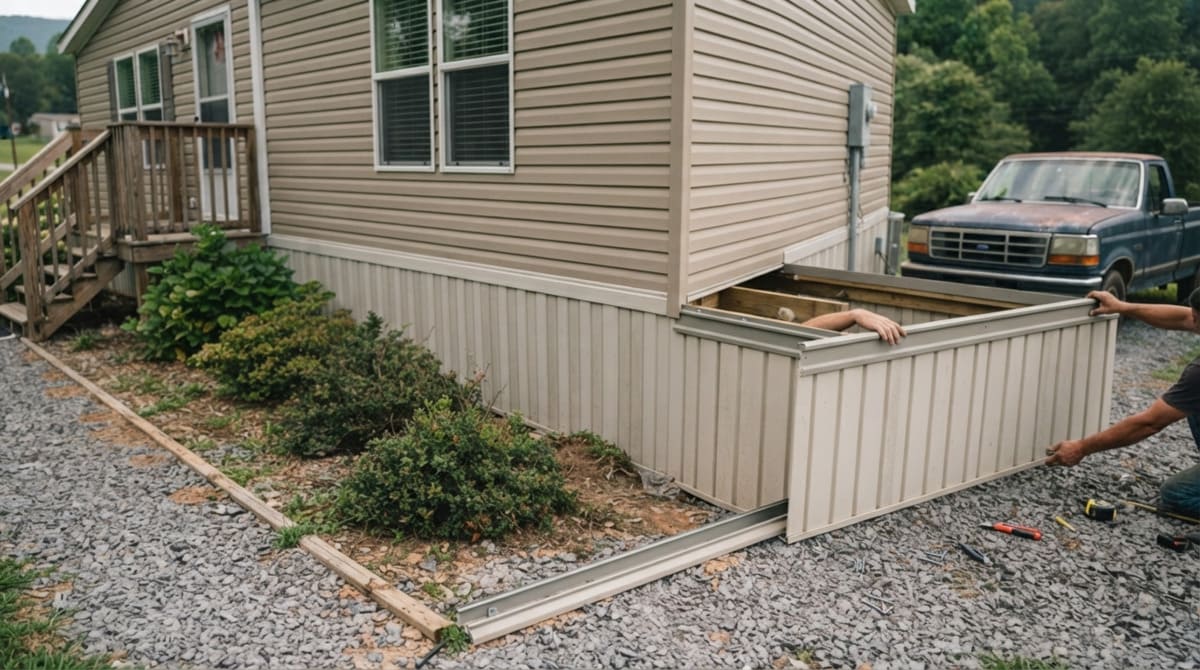 Mobile home skirting installation steps with bottom track, panels, and top rail