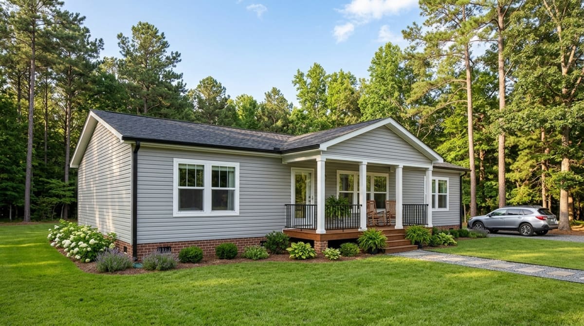 Modern double-wide mobile home featuring clean landscaping