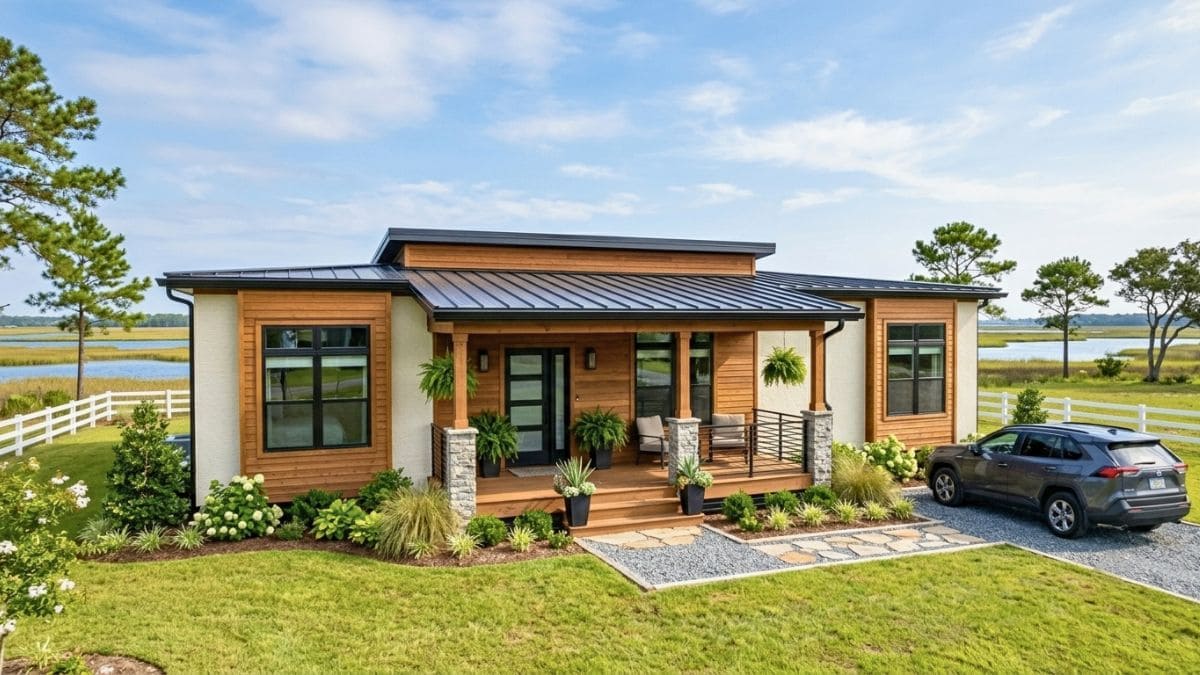 Modern manufactured home coastal North Carolina landscape