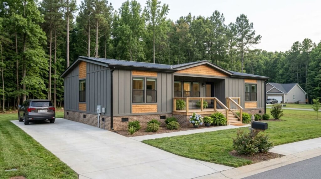Modern manufactured mobile home sitting on the cheapest permanent foundation for mobile home in North Carolina neighborhood