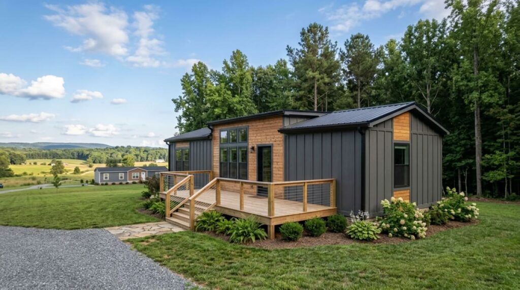 Modern house exterior constructed by modular home builders in NC on a green lawn under a blue sky.