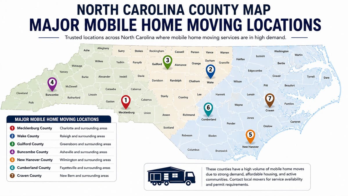 Showing a North Carolina county map with major mobile home moving locations highlighted