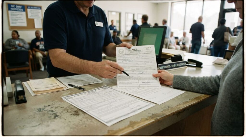 NC DMV Mobile Home Title Transfer paperwork at a office