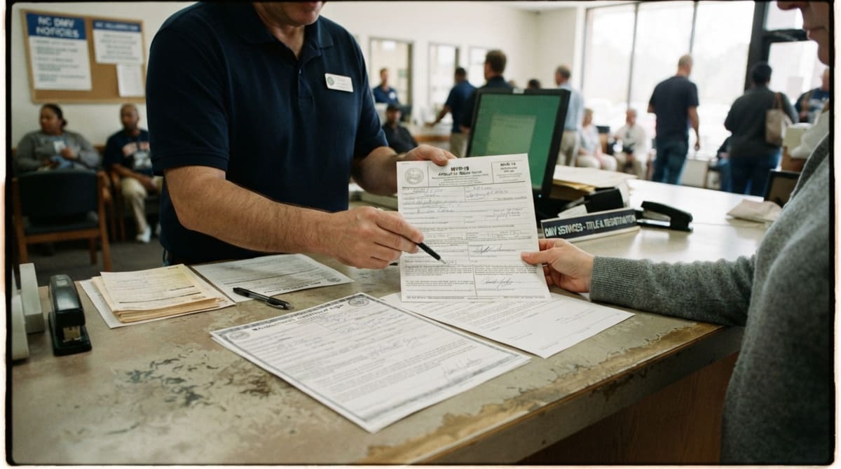 NC DMV Mobile Home Title Transfer paperwork at a office