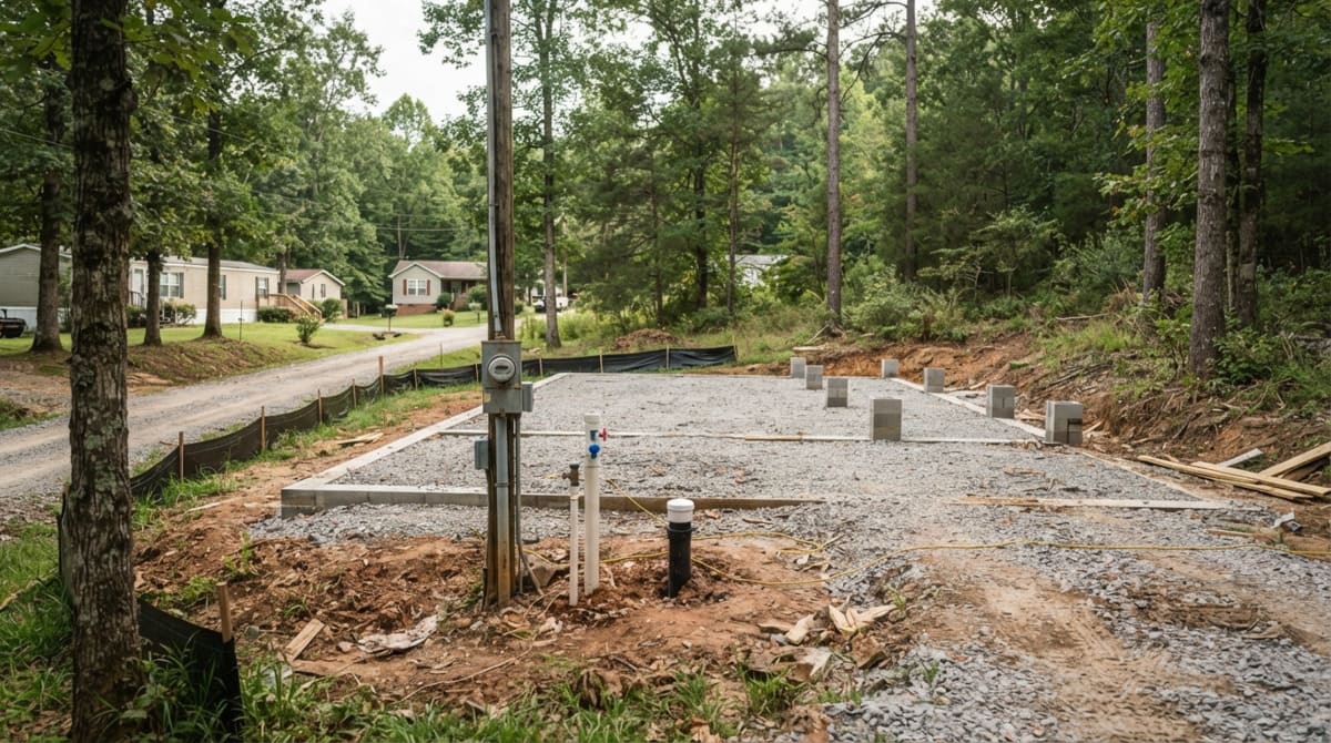 Site Prep for mobile home in North Carolina showing cleared land, foundation area, and utility connections