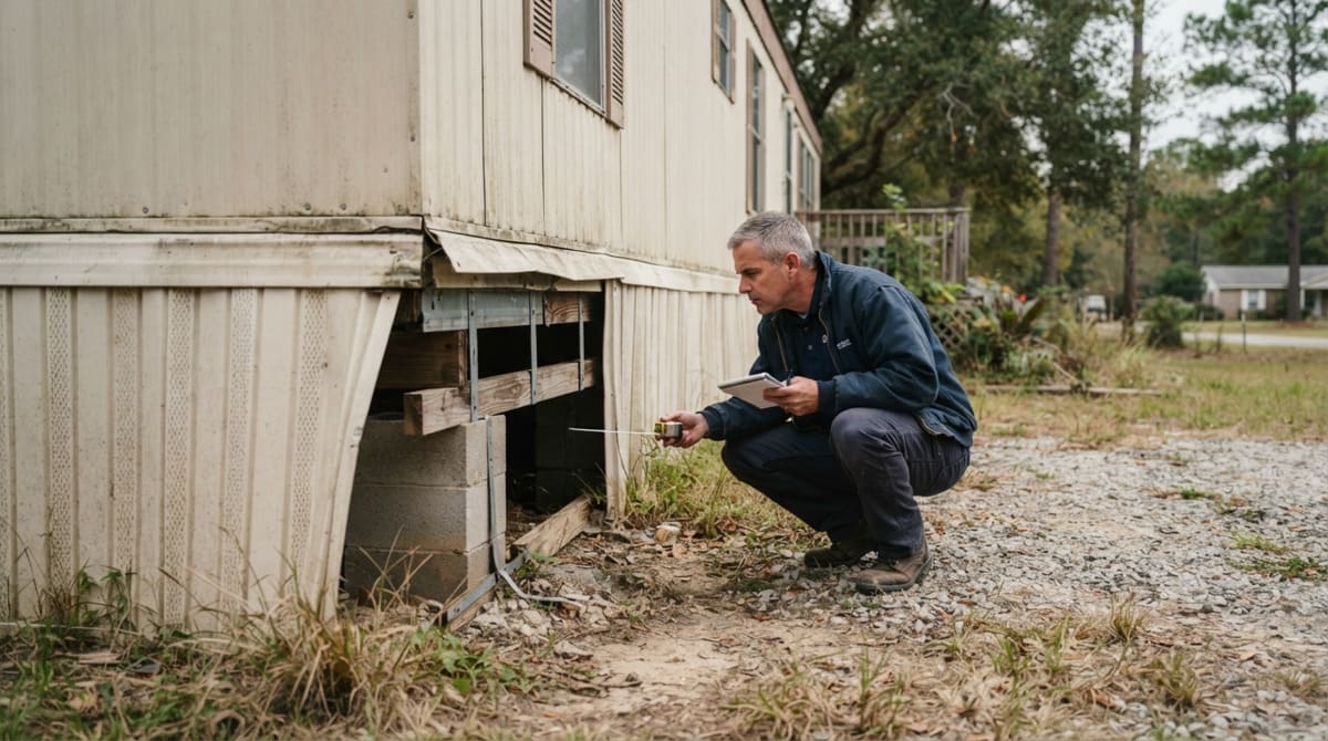Professional home inspector checking a manufactured/mobile home exterior and foundation