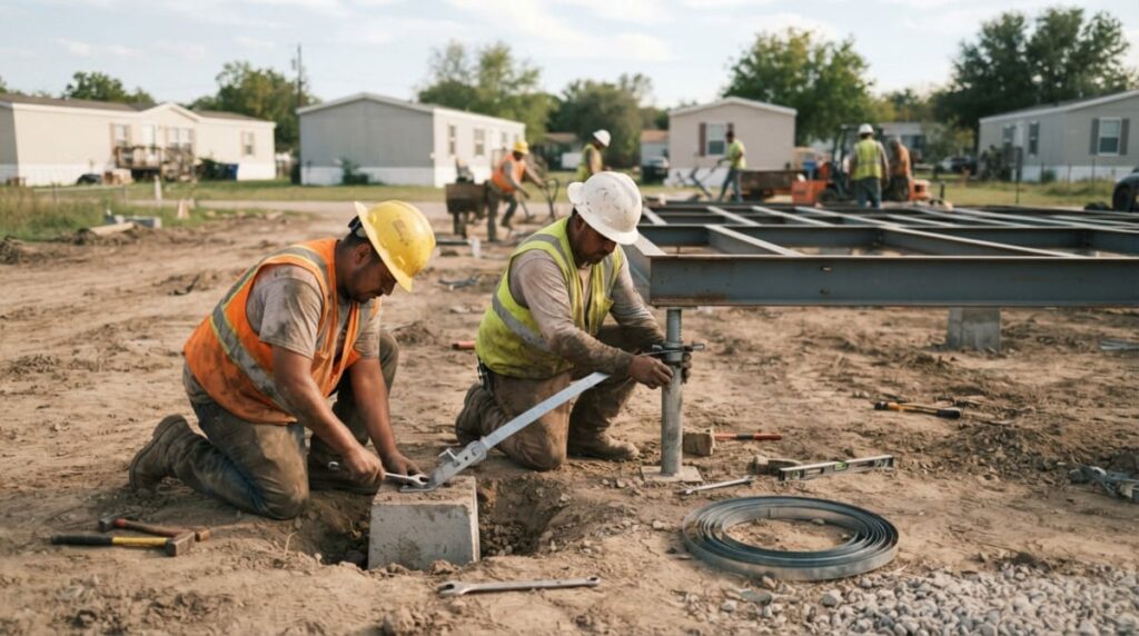 Professional mobile home foundation installation process showing workers preparing the site and foundation system