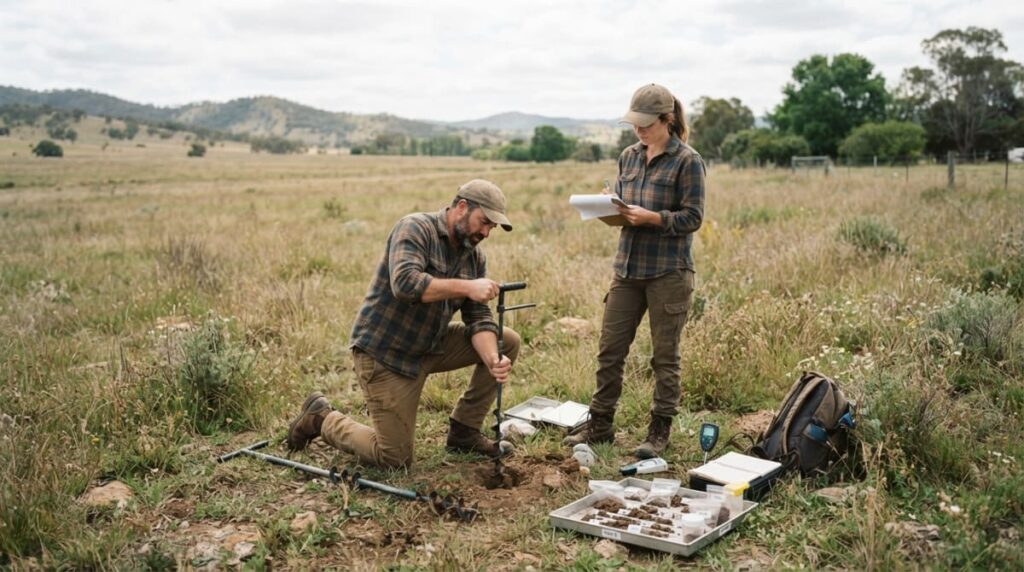 Professional soil testing process on a vacant property with soil samples and testing equipment for a perc test