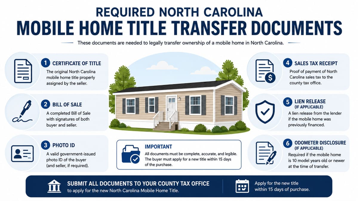 Required North Carolina mobile home title transfer documents
