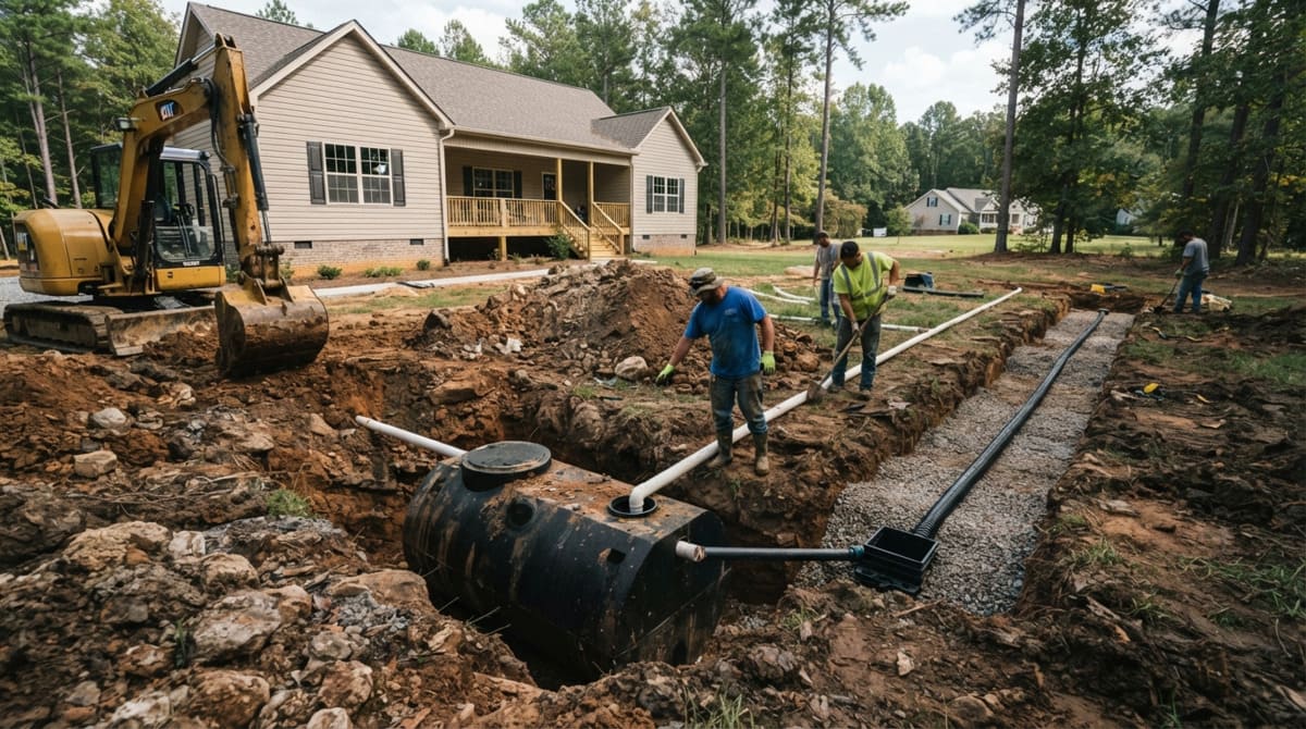 Residential septic system installation process in North Carolina showing tank, drain field, and home connection