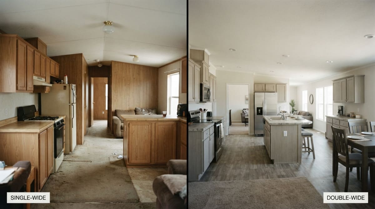 Showing the interior floor plan comparison of both single-wide and double-wide mobile home