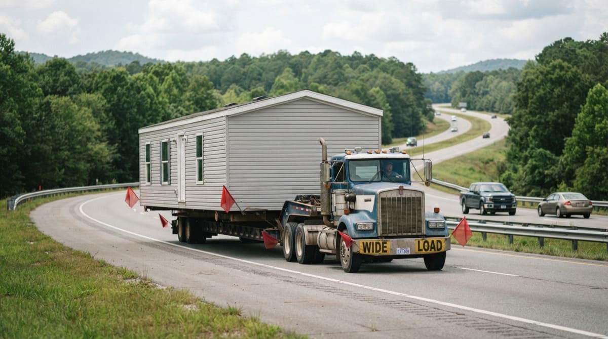 Single Wide Mobile Home being transported on a North Carolina highway
