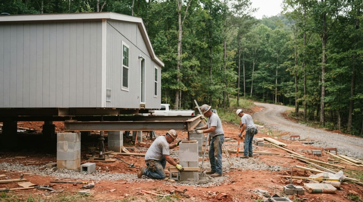Single-wide mobile home and foundation installation in North Carolina, with construction workers actively finalizing the setup